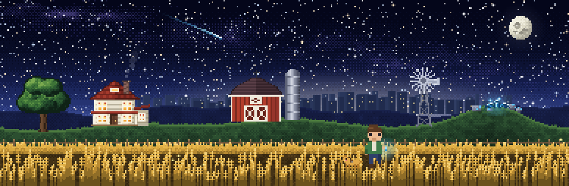 Pixel-art concept of the Miller Farm beneath a starry sky, with blue starglass glowing on a hill.